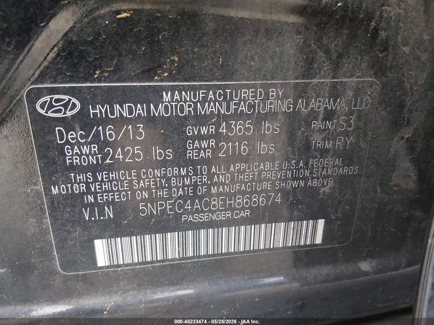 2014 Hyundai Sonata VIN 5NPEC4AC8EH868674 IAAI salvage auction — FRONT END, Salvage (Texas), sold $600 on 2026-07-21 (photo 9)