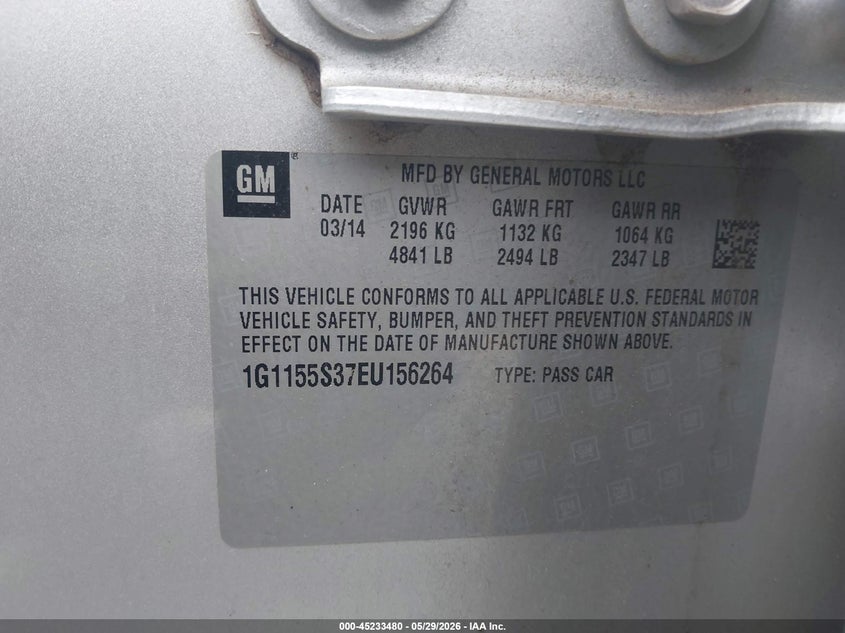 2014 Chevrolet Impala VIN 1G1155S37EU156264 IAAI salvage auction — REAR END, Salvage Title, sold $775 on 2026-07-24 (photo 9)