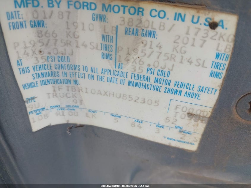 1987 Ford Ranger VIN 1FTBR10AXHUB52305 IAAI salvage auction — REAR END, Clear (Oklahoma), sold $575 on 2026-07-08 (photo 9)