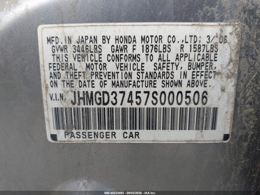 2007 Honda Fit VIN JHMGD37457S000506 IAAI salvage auction — NORMAL WEAR, Original (Maine), sold $325 on 2026-07-20 (photo 9)