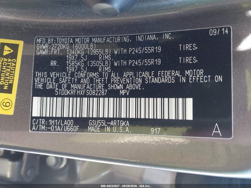 2015 Toyota Highlander VIN 5TDDKRFHXFS082287 IAAI salvage auction — FRONT END, Salvage Title, sold $3,400 on 2026-07-22 (photo 9)