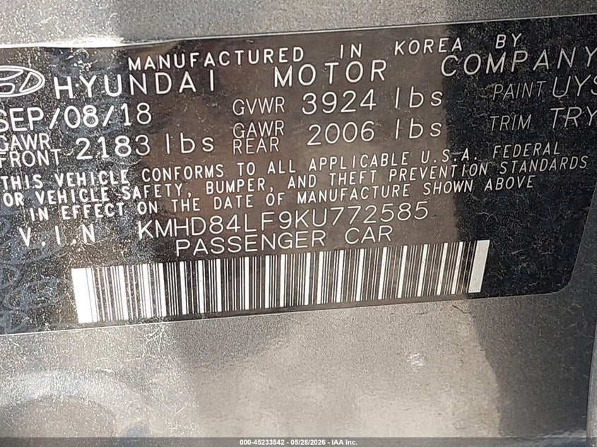 2019 Hyundai Elantra VIN KMHD84LF9KU772585 IAAI salvage auction — REAR END, Salvage Title, sold $25 on 2026-07-21 (photo 9)
