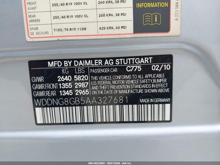 2010 Mercedes-benz S-klasse VIN WDDNG8GB5AA327681 IAAI salvage auction — FRONT END, Salvage (Idaho), sold $25 on 2026-08-18 (photo 9)
