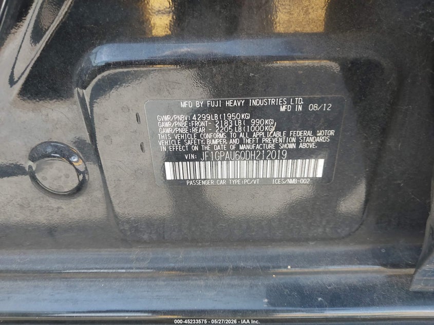 2013 Subaru Impreza VIN JF1GPAU60DH212019 IAAI salvage auction — NORMAL WEAR, Clear - Dealer Only (California), sold $25 on 2026-07-30 (photo 9)
