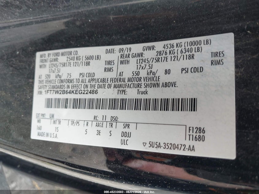 2019 Ford F250 VIN 1FT7W2B64KEG22486 IAAI salvage auction — FRONT END, Salvage Title, sold $650 on 2026-07-20 (photo 9)