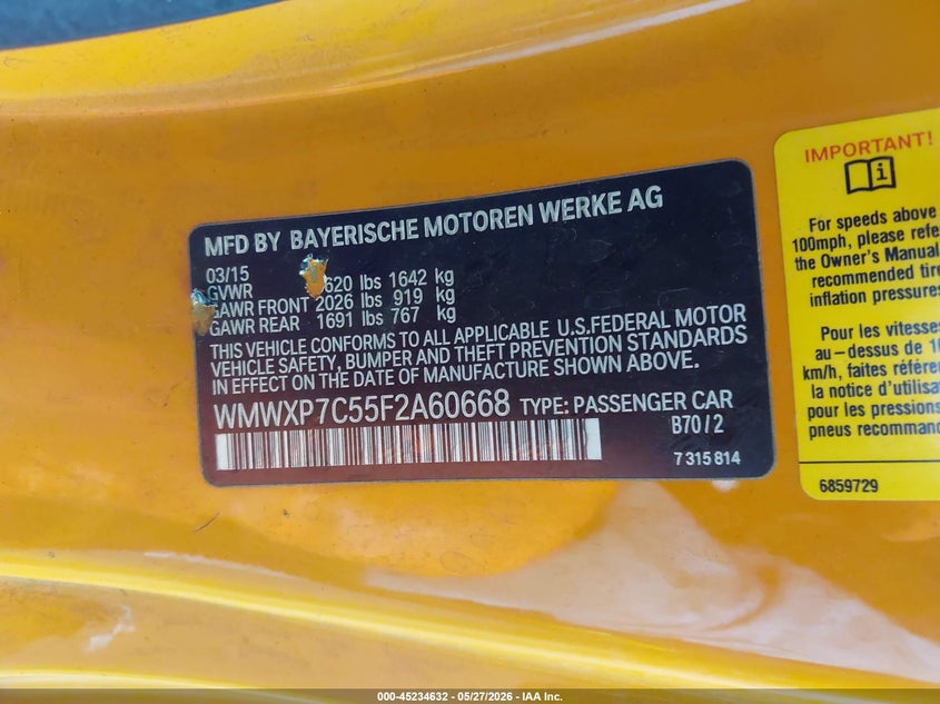 2015 Mini VIN WMWXP7C55F2A60668 IAAI salvage auction — UNDERCARRIAGE, Salvage Title, sold $2,750 on 2026-07-10 (photo 9)