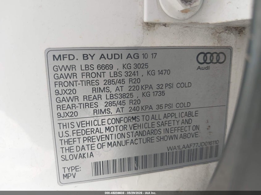 2018 Audi Q7 VIN WA1LAAF77JD016110 IAAI salvage auction — FRONT END, Salvage (Missouri), sold $4,425 on 2026-07-06 (photo 9)