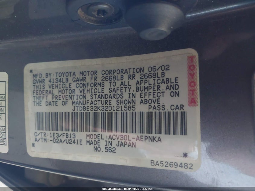 2002 Toyota Camry VIN JTDBE32K320121585 IAAI salvage auction — FRONT END, Salvage (California), sold $600 on 2026-07-07 (photo 9)