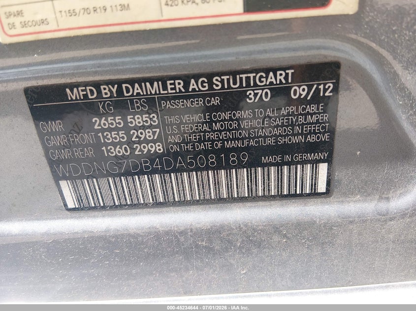 2013 Mercedes-benz S-klasse VIN WDDNG7DB4DA508189 IAAI salvage auction — HAIL, Salvage (Ohio), sold $4,050 on 2026-07-09 (photo 9)