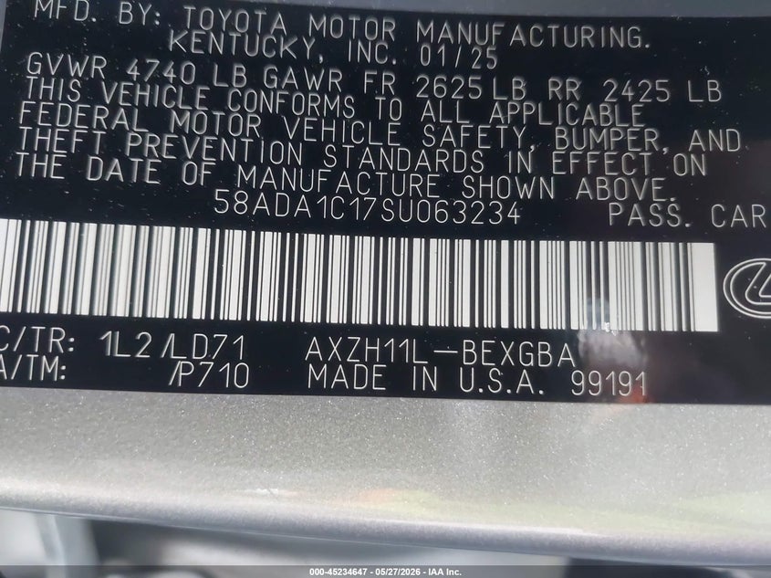 2025 Lexus VIN 58ADA1C17SU063234 IAAI salvage auction — RIGHT REAR, Salvage (California), sold $7,800 on 2026-07-29 (photo 9)