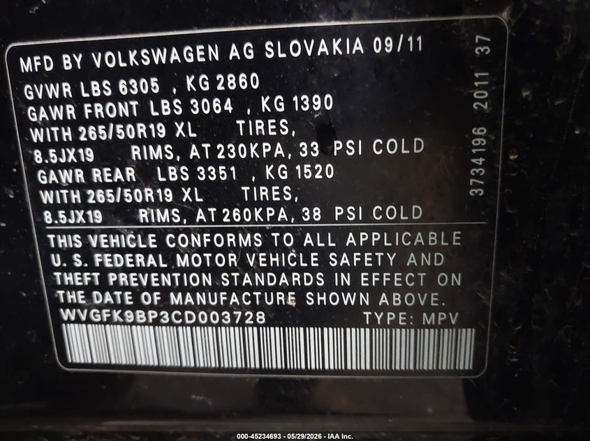 2012 Volkswagen Touareg VIN WVGFK9BP3CD003728 IAAI salvage auction — FRONT END, Salvage Title, sold $875 on 2026-07-19 (photo 9)