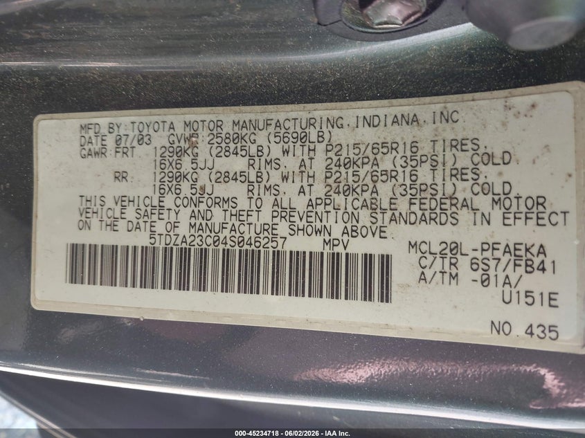 2004 Toyota Sienna VIN 5TDZA23C04S046257 IAAI salvage auction — REPOSSESSION, Clear (Virginia), sold $25 on 2026-07-28 (photo 9)