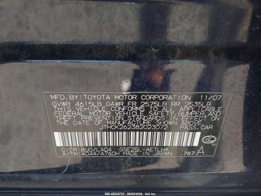 2008 Lexus Is VIN JTHCK262382023072 IAAI salvage auction — FRONT END, Salvage (Utah), sold $275 on 2026-07-09 (photo 9)