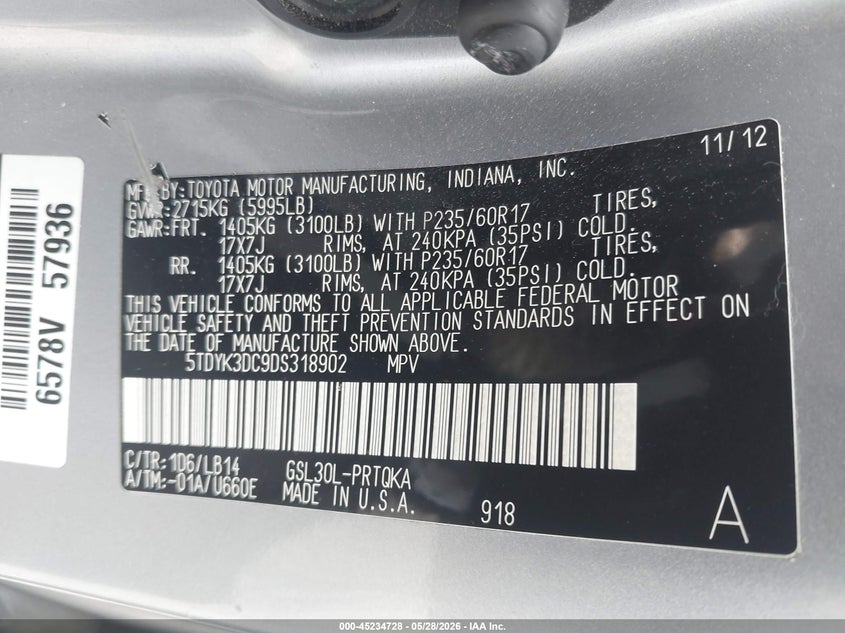 2013 Toyota Sienna VIN 5TDYK3DC9DS318902 IAAI salvage auction — FRONT END, Salvage Title, sold $725 on 2026-07-29 (photo 9)