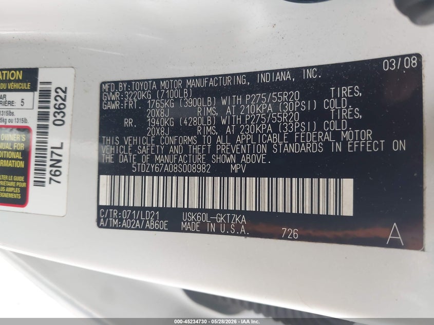 2008 Toyota Sequoia VIN 5TDZY67A08S008982 IAAI salvage auction — FRONT END, Salvage (Georgia), sold $4,300 on 2026-07-15 (photo 9)