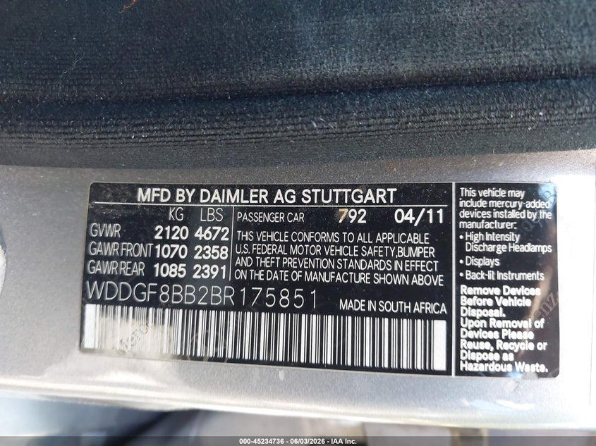 2011 Mercedes-benz C-klasse VIN WDDGF8BB2BR175851 IAAI salvage auction — NORMAL WEAR, Clear (Virginia), sold $675 on 2026-07-07 (photo 9)