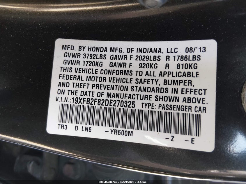 2013 Honda Civic VIN 19XFB2F82DE270325 IAAI salvage auction — LEFT SIDE, Salvage (New Jersey), sold $1,875 on 2026-07-12 (photo 9)