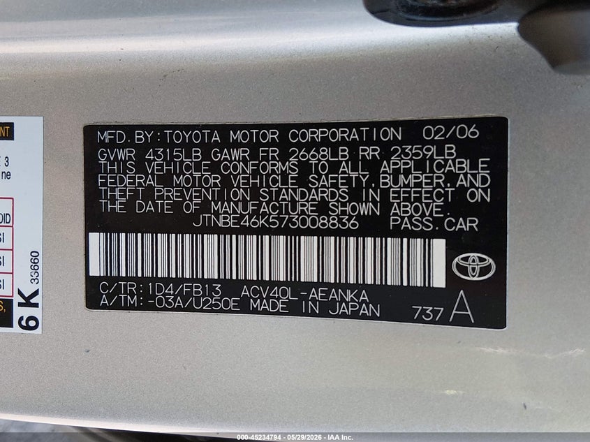 2007 Toyota Camry VIN JTNBE46K573008836 IAAI salvage auction — RIGHT SIDE, Salvage (New Jersey), sold $425 on 2026-07-06 (photo 9)