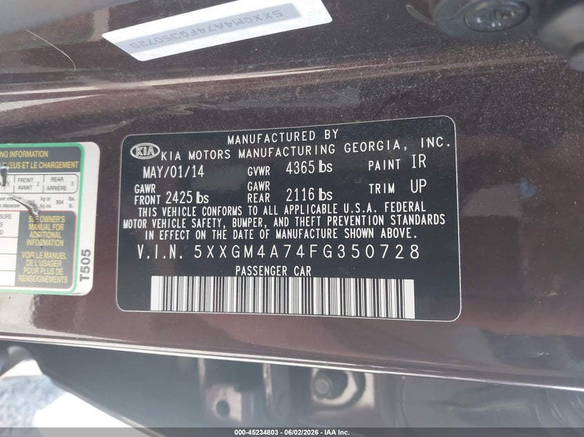 2015 Kia Optima VIN 5XXGM4A74FG350728 IAAI salvage auction — REAR END, Salvage (Oregon), sold $975 on 2026-07-09 (photo 9)