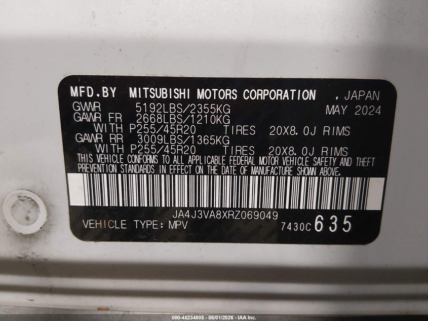 2024 Mitsubishi Outlander VIN JA4J3VA8XRZ069049 IAAI salvage auction — FRONT END, Salvage (Alabama), sold $6,700 on 2026-07-27 (photo 9)