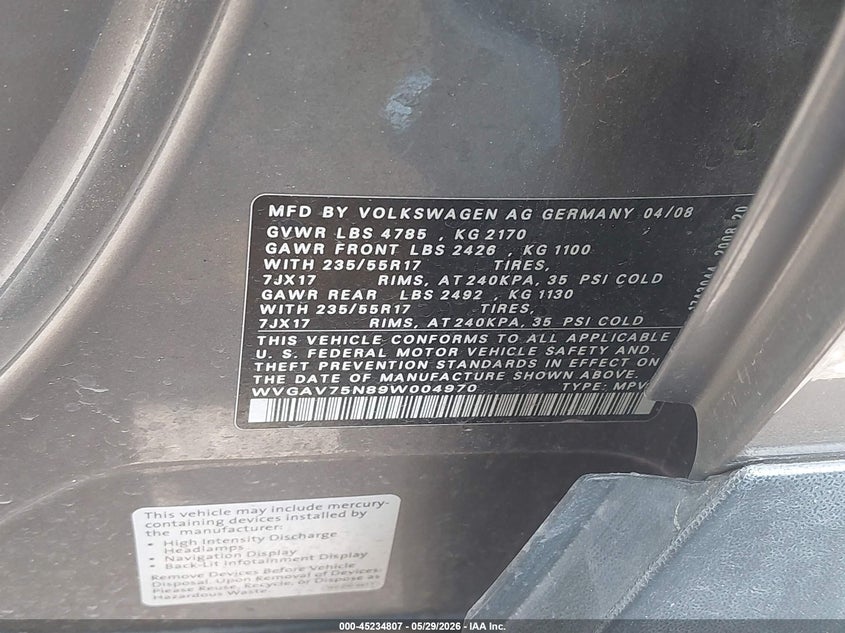 2009 Volkswagen Tiguan VIN WVGAV75N89W004970 IAAI salvage auction — FRONT END, Bill Of Sale (Colorado), sold $400 on 2026-07-28 (photo 9)