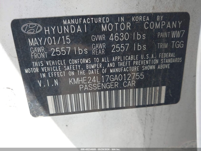 2016 Hyundai Sonata VIN KMHE24L17GA012755 IAAI salvage auction — LEFT REAR, Original (Texas), sold $2,350 on 2026-07-28 (photo 9)