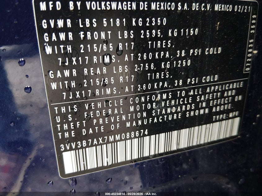 2021 Volkswagen Tiguan VIN 3VV3B7AX7MM088674 IAAI salvage auction — HAIL, Salvage Title, sold $4,500 on 2026-08-01 (photo 9)