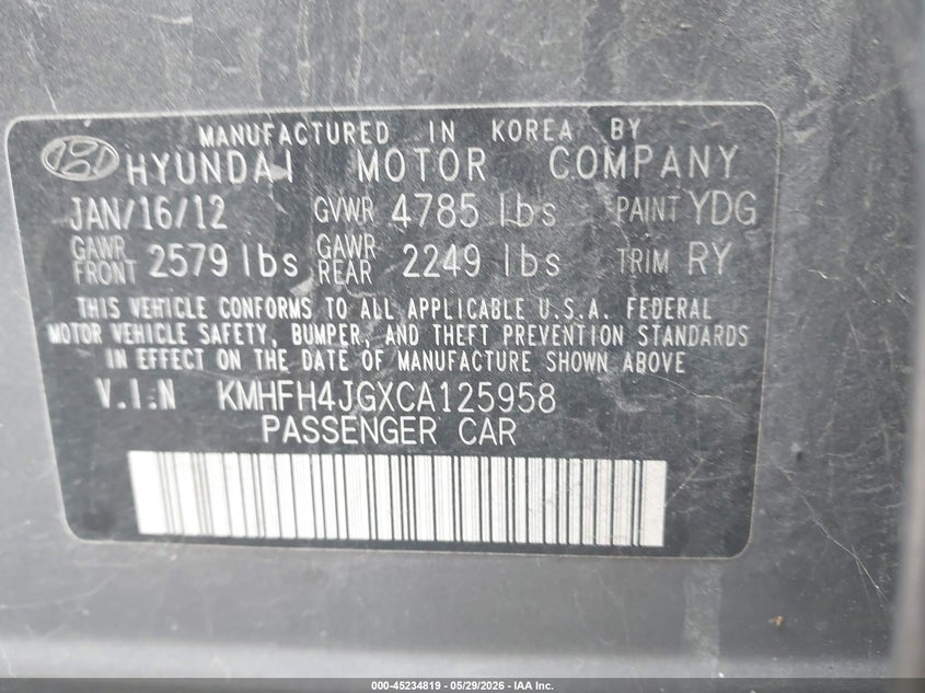 2012 Hyundai Azera VIN KMHFH4JGXCA125958 IAAI salvage auction — LEFT SIDE, Salvage Title, sold $500 on 2026-07-29 (photo 9)