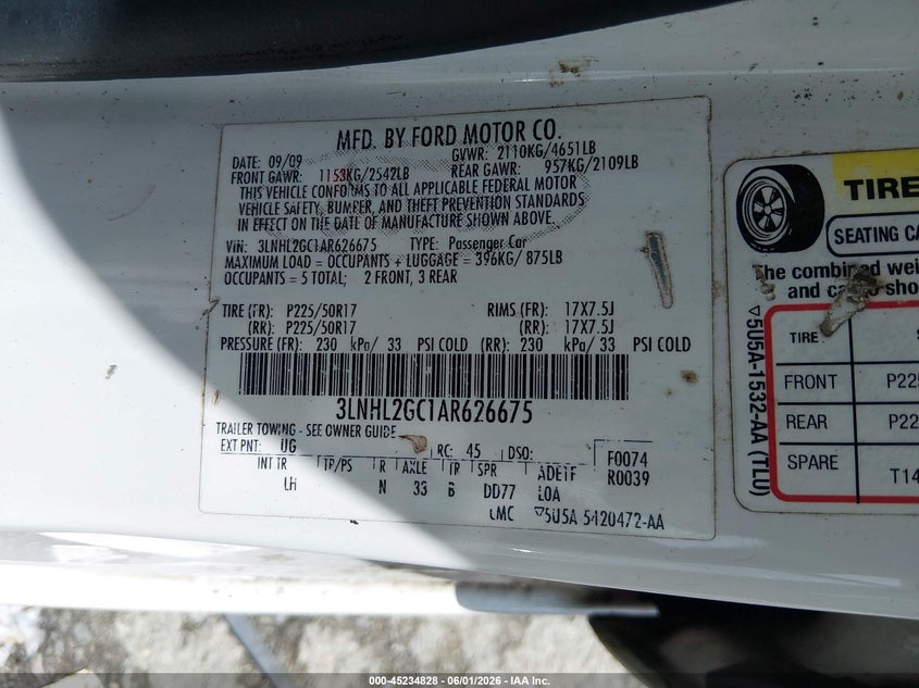 2010 Lincoln Mkz VIN 3LNHL2GC1AR626675 IAAI salvage auction — FRONT END, Salvage (Louisiana), sold $125 on 2026-07-10 (photo 9)