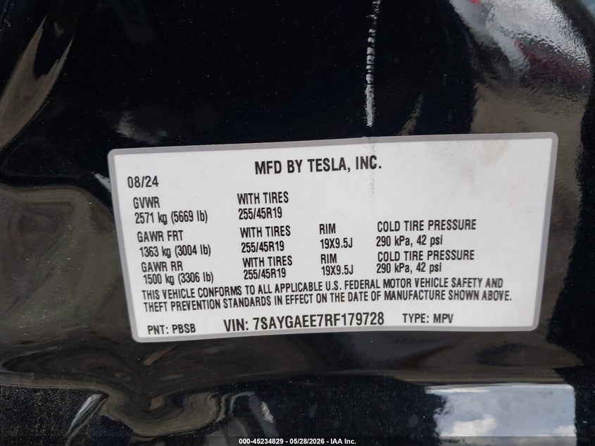 2024 Tesla Model y VIN 7SAYGAEE7RF179728 IAAI salvage auction — LEFT SIDE, Salvage (Georgia), sold $9,200 on 2026-07-29 (photo 9)