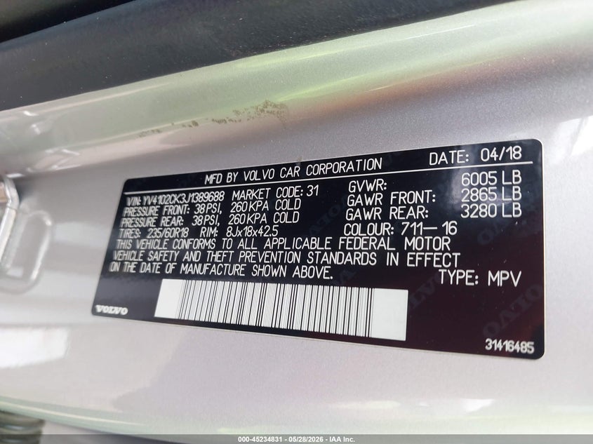2018 Volvo Xc90 VIN YV4102CK3J1389688 IAAI salvage auction — FRONT END, Salvage Title, sold $775 on 2026-07-15 (photo 9)