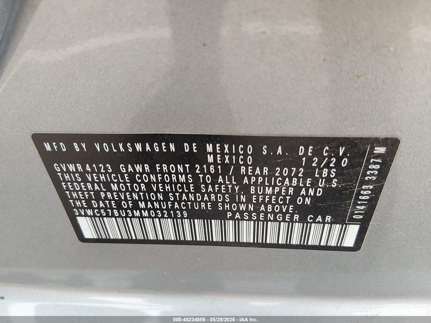 2021 Volkswagen Jetta VIN 3VWC57BU3MM032139 IAAI salvage auction — FRONT END, Salvage (Mississippi), sold $2,750 on 2026-07-25 (photo 9)
