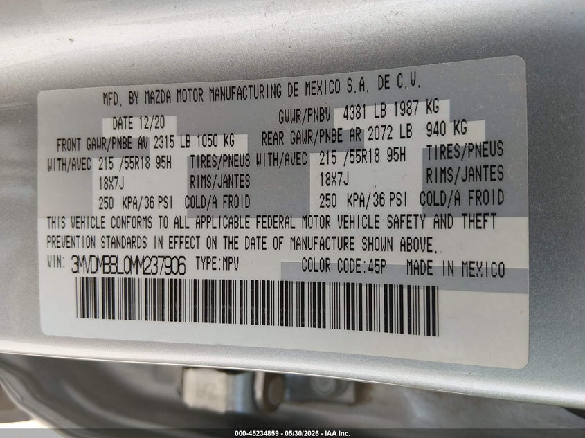 2021 Mazda Cx-30 VIN 3MVDMBBL0MM237906 IAAI salvage auction — REAR END, Salvage Title, sold $2,750 on 2026-07-24 (photo 9)