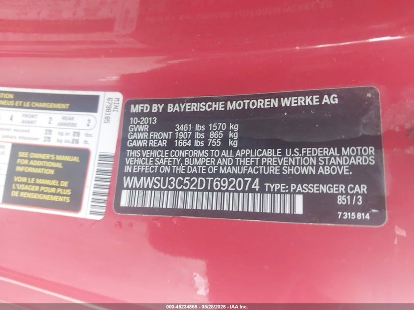 2013 Mini Hard top VIN WMWSU3C52DT692074 IAAI salvage auction — NORMAL WEAR, Clear (Georgia), sold $825 on 2026-07-07 (photo 9)