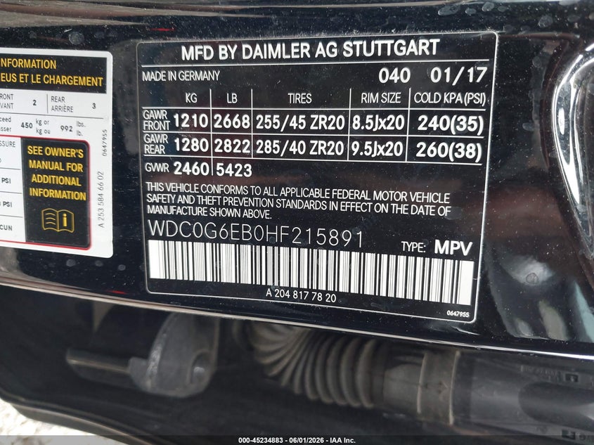 2017 Mercedes-benz VIN WDC0G6EB0HF215891 IAAI salvage auction — FRONT END, Salvage Title, sold $6,000 on 2026-08-07 (photo 9)