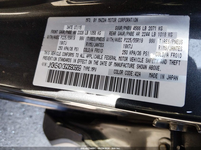 2016 Mazda Cx-5 VIN JM3KE4DY3G0690989 IAAI salvage auction — FRONT END, Salvage Title, sold $850 on 2026-07-20 (photo 9)