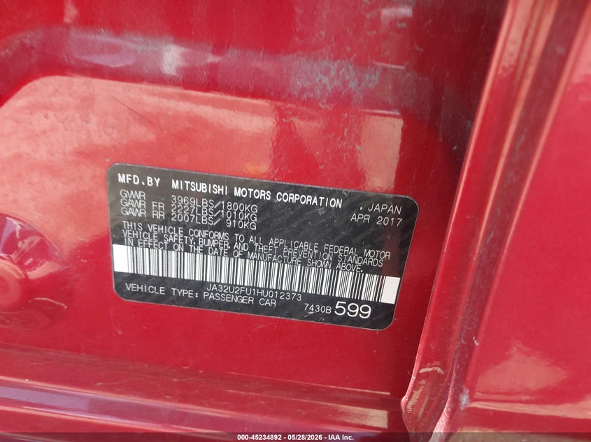 2017 Mitsubishi Lancer VIN JA32U2FU1HU012373 IAAI salvage auction — FRONT END, Salvage Title, sold $350 on 2026-07-21 (photo 9)
