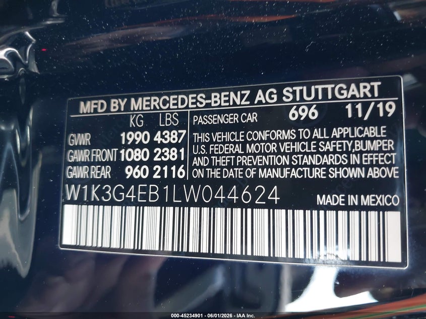 2020 Mercedes-benz A-klasse VIN W1K3G4EB1LW044624 IAAI salvage auction — REAR END, Salvage Title, sold $6,100 on 2026-07-15 (photo 9)