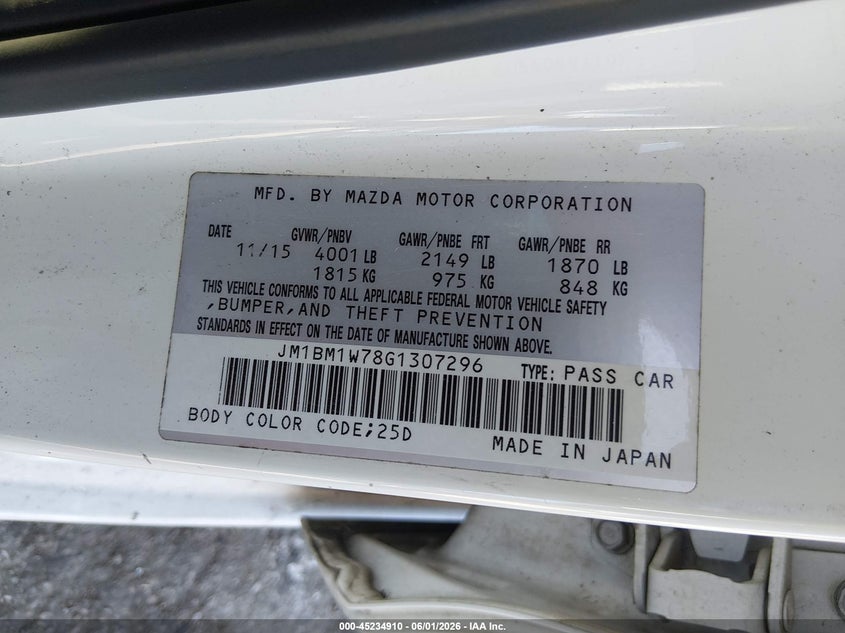 2016 Mazda 3 VIN JM1BM1W78G1307296 IAAI salvage auction — REAR END, Salvage Title, sold $500 on 2026-07-21 (photo 9)
