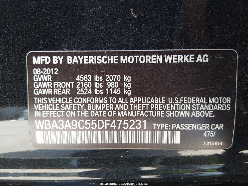 2013 BMW 3er VIN WBA3A9C55DF475231 IAAI salvage auction — SIDE, Salvage Title, sold $1,550 on 2026-07-26 (photo 9)