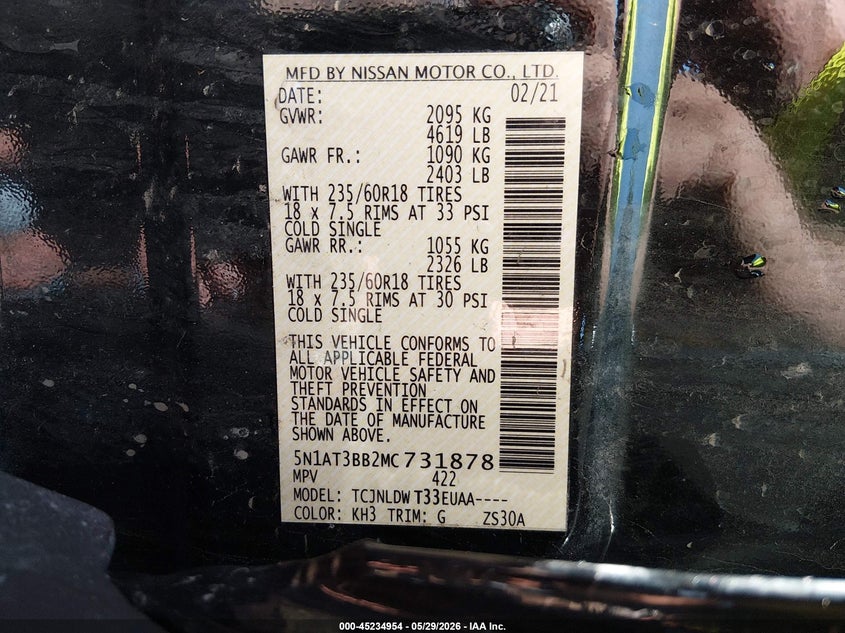 2021 Nissan Rogue VIN 5N1AT3BB2MC731878 IAAI salvage auction — FRONT END, Salvage Title, sold $5,400 on 2026-07-18 (photo 9)
