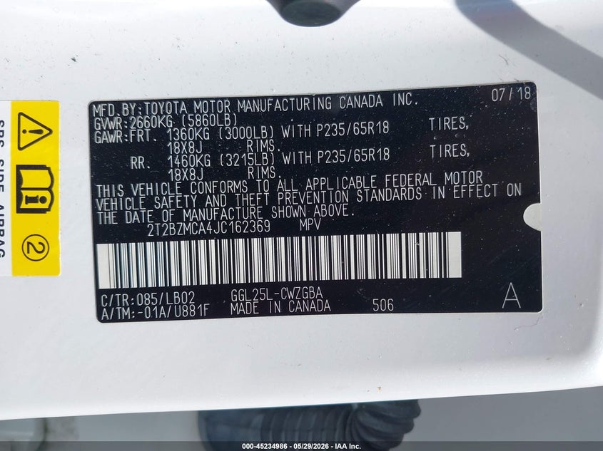 2018 Lexus Rx VIN 2T2BZMCA4JC162369 IAAI salvage auction — FRONT END, Salvage Title, sold $5,800 on 2026-07-09 (photo 9)