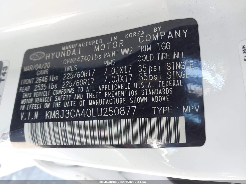 2020 Hyundai Tucson VIN KM8J3CA40LU250877 IAAI salvage auction — LEFT & RIGHT, Salvage Title, sold $1,750 on 2026-07-08 (photo 9)