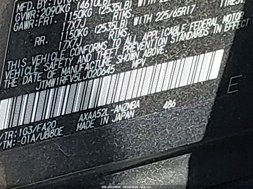 2020 Toyota Rav 4 VIN JTMW1RFV5LJ020645 IAAI salvage auction — FRONT END, Salvage Title, sold $4,450 on 2026-07-09 (photo 9)