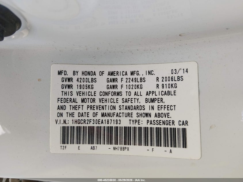 2014 Honda Accord VIN 1HGCR2F30EA187193 IAAI salvage auction — REAR END, Salvage Title, sold $5,275 on 2026-07-22 (photo 9)