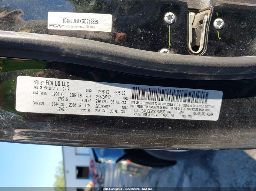 2016 Jeep Compass VIN 1C4NJDEBXGD718839 IAAI salvage auction — LEFT FRONT, Clear (Michigan), sold $850 on 2026-08-03 (photo 9)