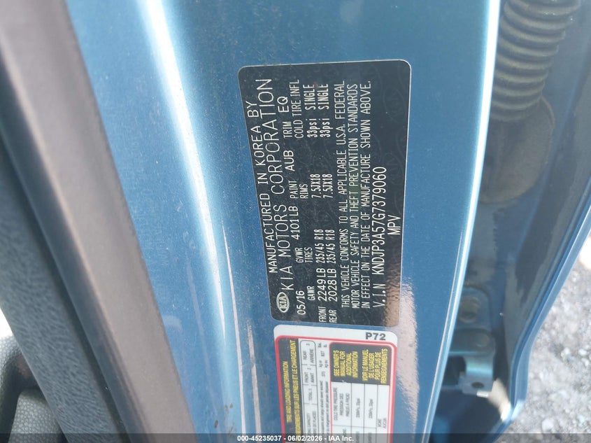 2016 Kia Soul VIN KNDJP3A57G7379060 IAAI salvage auction — HAIL, Original (Texas), sold $1,525 on 2026-07-15 (photo 9)