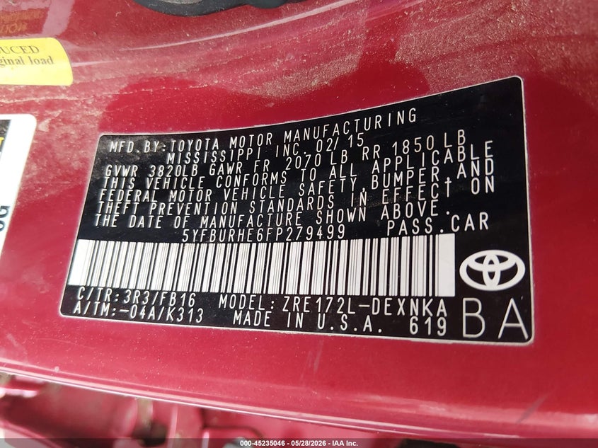 2015 Toyota Corolla VIN 5YFBURHE6FP279499 IAAI salvage auction — REAR END, Salvage Title, sold $2,100 on 2026-07-08 (photo 9)