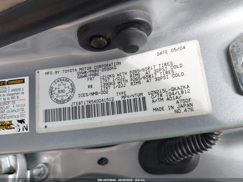 2004 Toyota 4runner VIN JTEBT17R540041512 IAAI salvage auction — BIO HAZARD, Bill Of Sale (Washington), sold $900 on 2026-07-08 (photo 9)