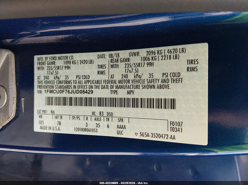 2018 Ford Escape VIN 1FMCU0F76JUD08429 IAAI salvage auction — NORMAL WEAR, SF97 (Arkansas), sold $8,400 on 2026-07-09 (photo 9)